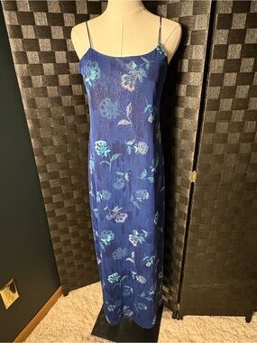 Jalate Vintage Y2K Blue Shimmery Spaghetti Strap Floral Slip Maxi Dress